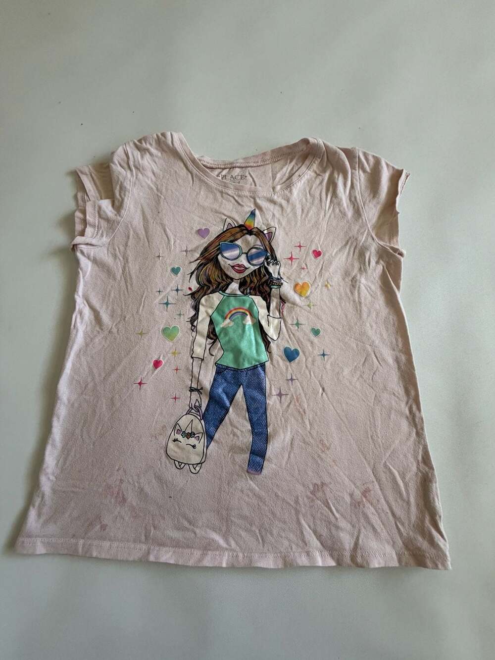 Childrens Place T-Shirt Girls L Pink Unicorn Graphic Short Sleeve Y2K